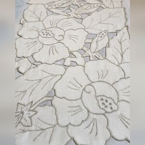 3 PIECE NATURAL LINEN SET - MADEIRA EMBROIDERED TABLECLOTH, RUNNER AND DOILY